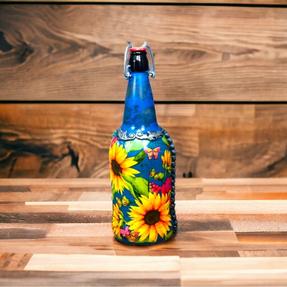 Hand Painted, Decoupaged and Molded Clay Grolsch-Style Bottle Poppy & Sunflowers - Picture 3 of 17